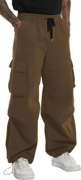 AITFINEISM Men's Baggy Cargo Pants Elastic Waist Drawstring Flap Pocket Beam Feet Streetwear Trousers