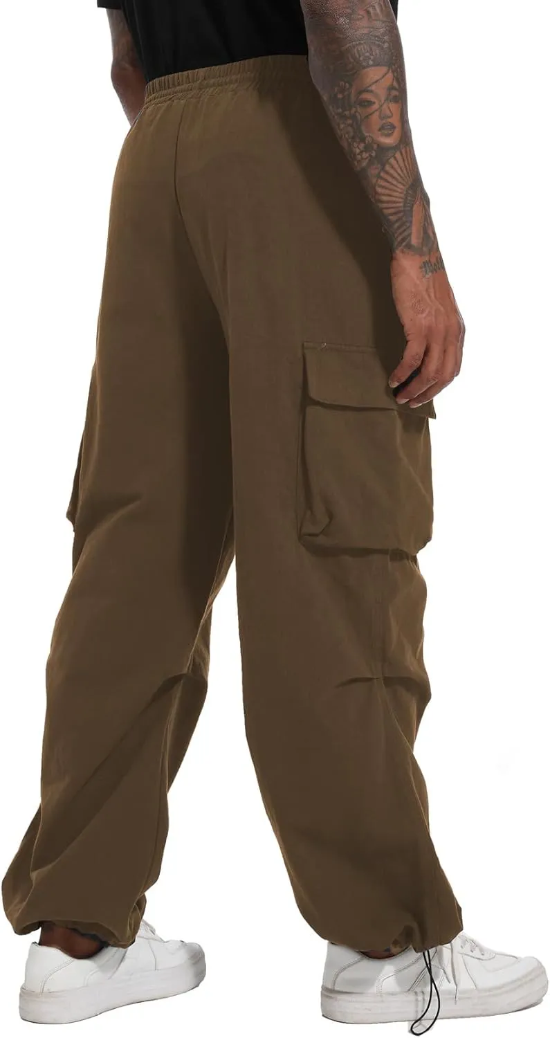 AITFINEISM Men's Baggy Cargo Pants Elastic Waist Drawstring Flap Pocket Beam Feet Streetwear Trousers
