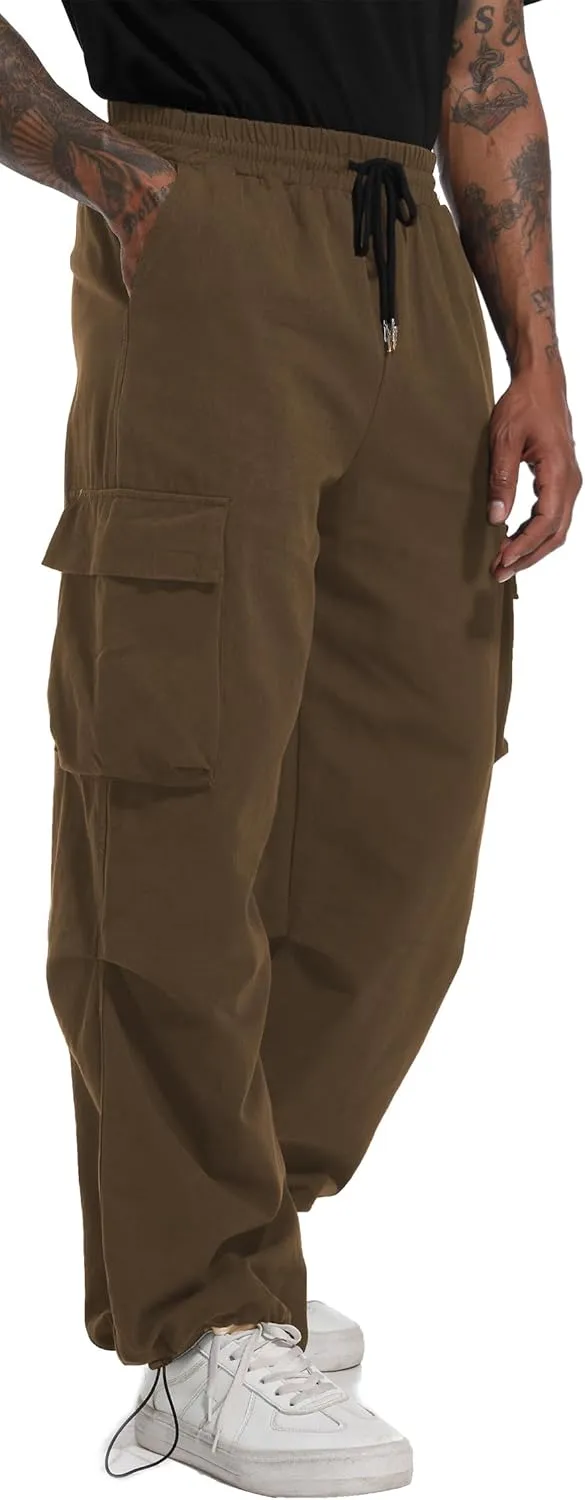 AITFINEISM Men's Baggy Cargo Pants Elastic Waist Drawstring Flap Pocket Beam Feet Streetwear Trousers