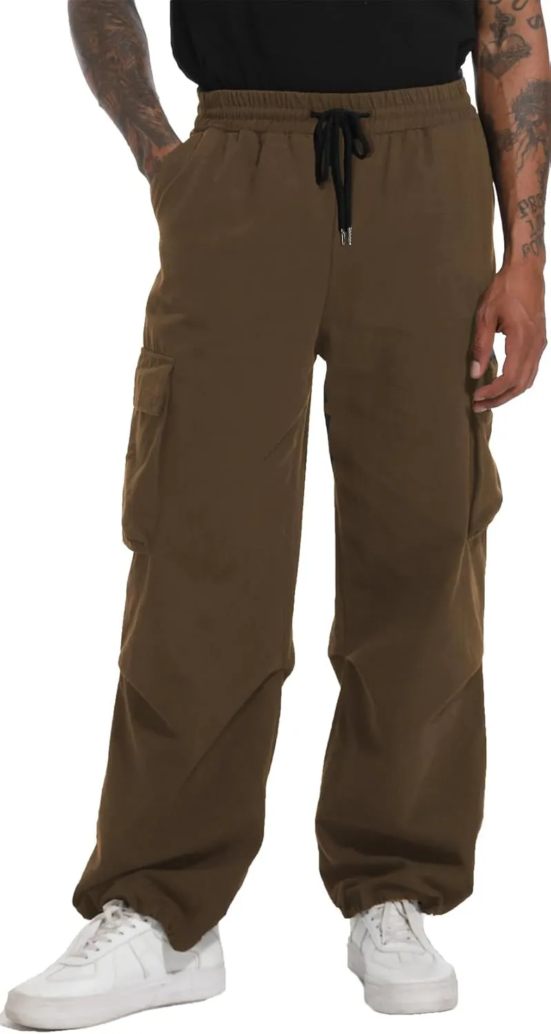 AITFINEISM Men's Baggy Cargo Pants Elastic Waist Drawstring Flap Pocket Beam Feet Streetwear Trousers