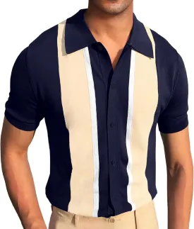 Aiyino Mens Polo Shirts Vintage Striped Lightweight Knitting Golf Shirts