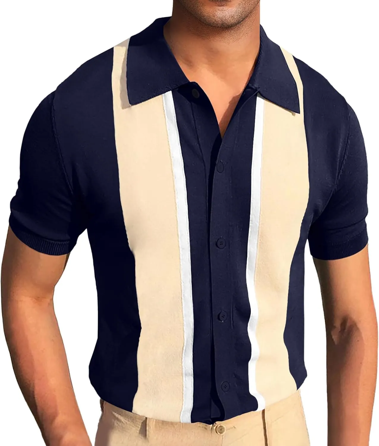 Aiyino Mens Polo Shirts Vintage Striped Lightweight Knitting Golf Shirts