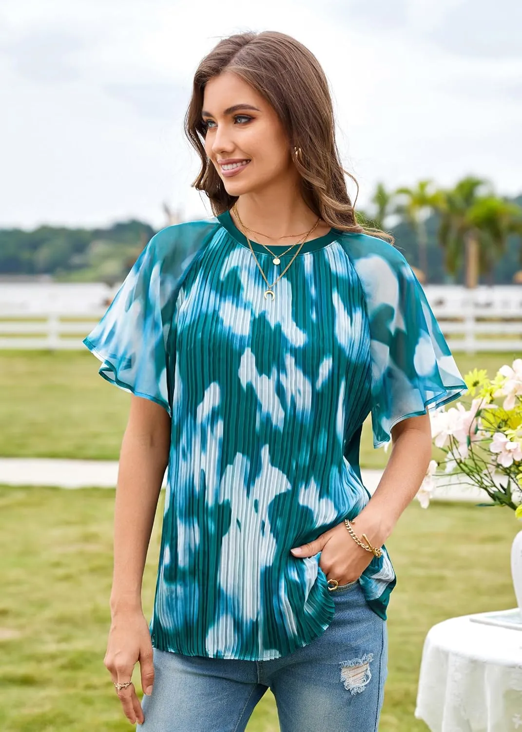 Angashion Womens Pleated Tops - Double Layers Mesh Blouses Short Sleeve Crewneck Tunics Tops