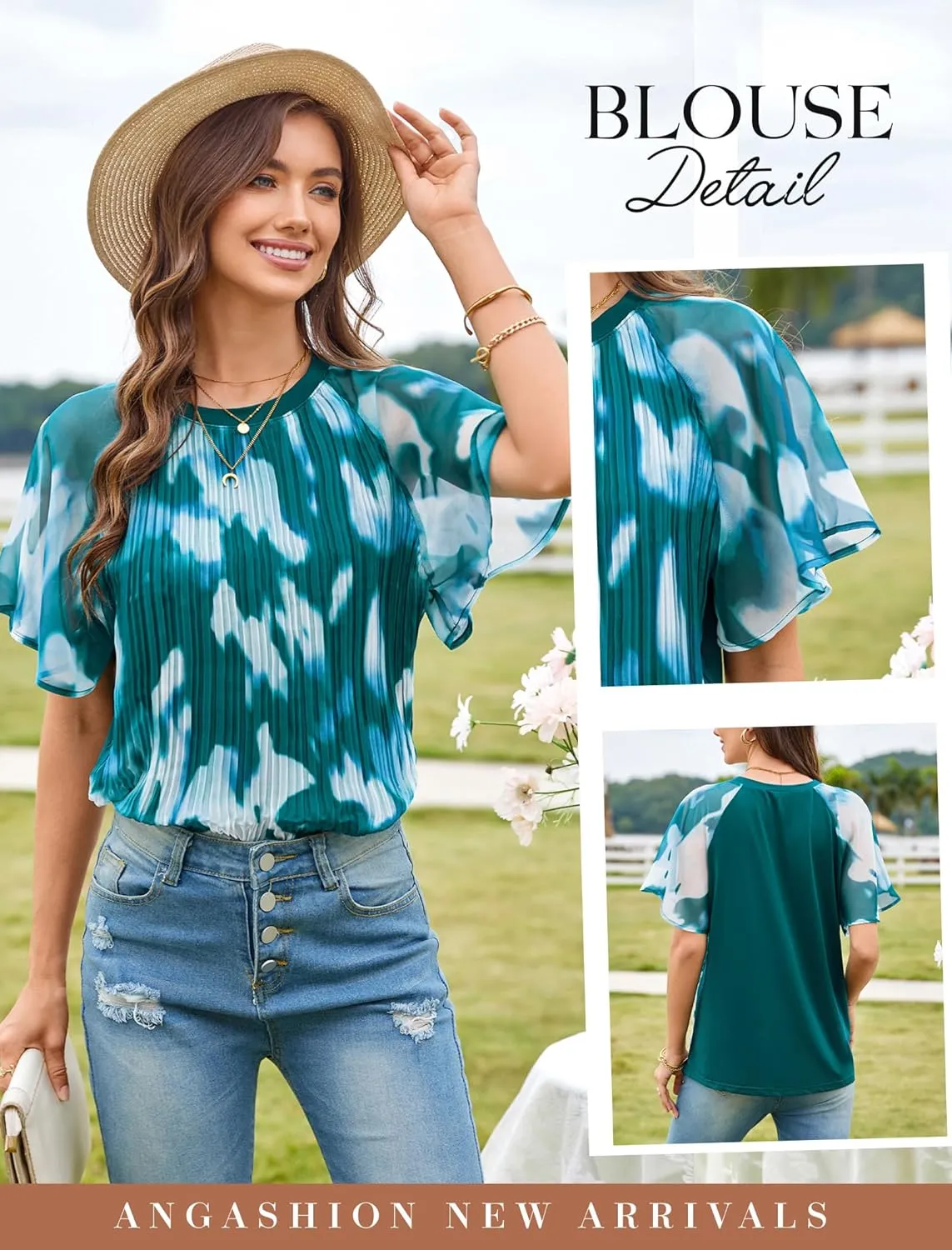 Angashion Womens Pleated Tops - Double Layers Mesh Blouses Short Sleeve Crewneck Tunics Tops
