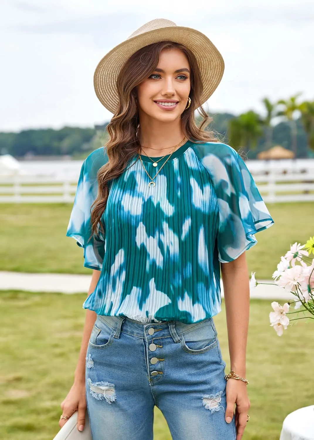 Angashion Womens Pleated Tops - Double Layers Mesh Blouses Short Sleeve Crewneck Tunics Tops