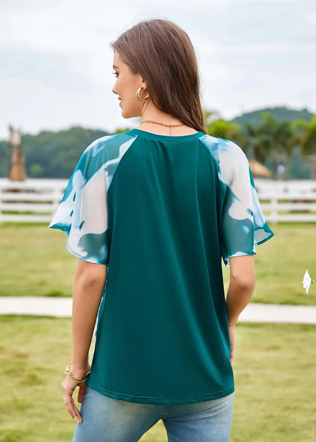 Angashion Womens Pleated Tops - Double Layers Mesh Blouses Short Sleeve Crewneck Tunics Tops