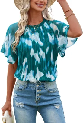 Angashion Womens Pleated Tops - Double Layers Mesh Blouses Short Sleeve Crewneck Tunics Tops