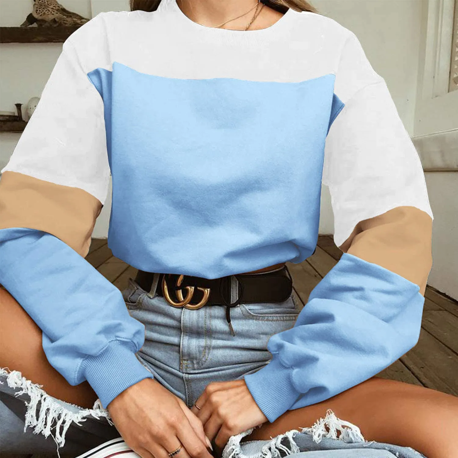 Angashion Womens Sweatshirt-Long Sleeve Drawstring Hem Color Block Crop Top Pullover Tops