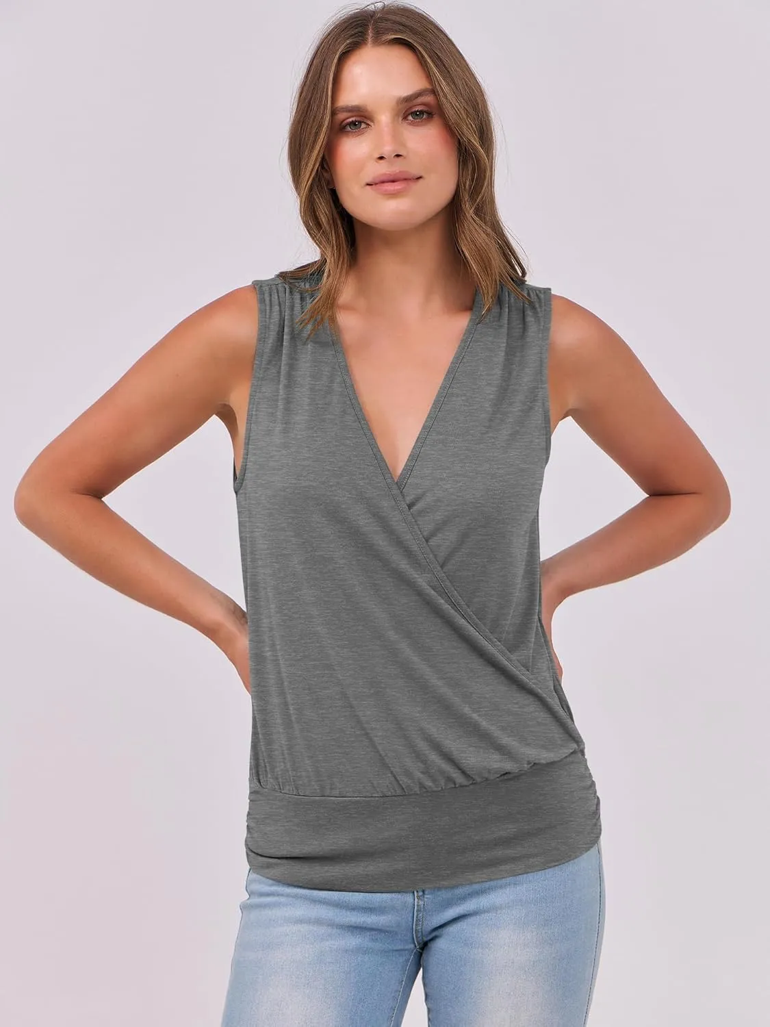 ANRABESS Womens V Neck Tank Tops Wrap Banded Hem Shirts Sleeveless Ruched Going Out Blouse 2025 Summer Fashion Clothing