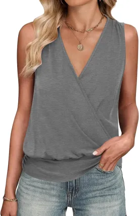 ANRABESS Womens V Neck Tank Tops Wrap Banded Hem Shirts Sleeveless Ruched Going Out Blouse 2025 Summer Fashion Clothing