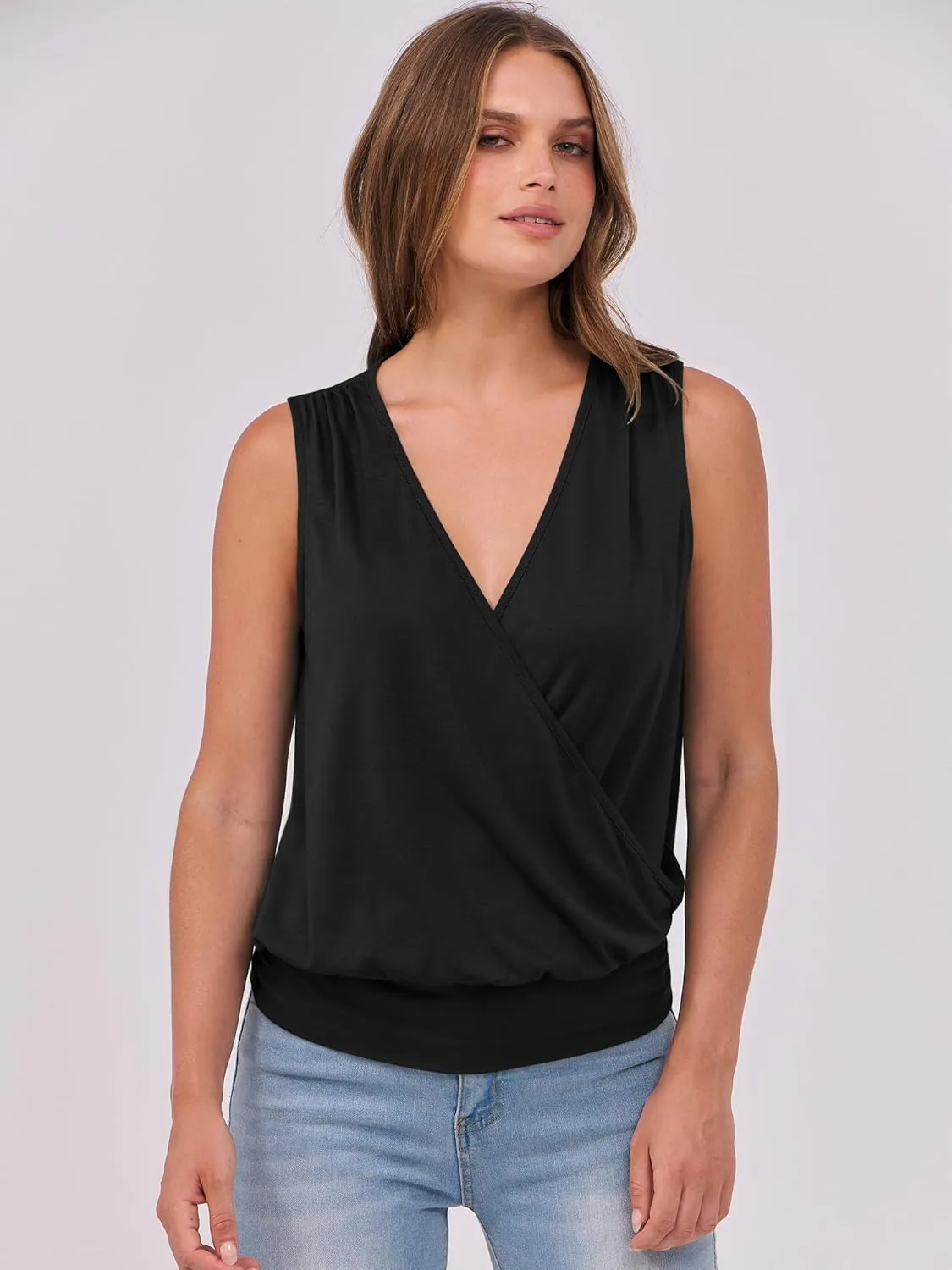 ANRABESS Womens V Neck Tank Tops Wrap Banded Hem Shirts Sleeveless Ruched Going Out Blouse 2025 Summer Fashion Clothing