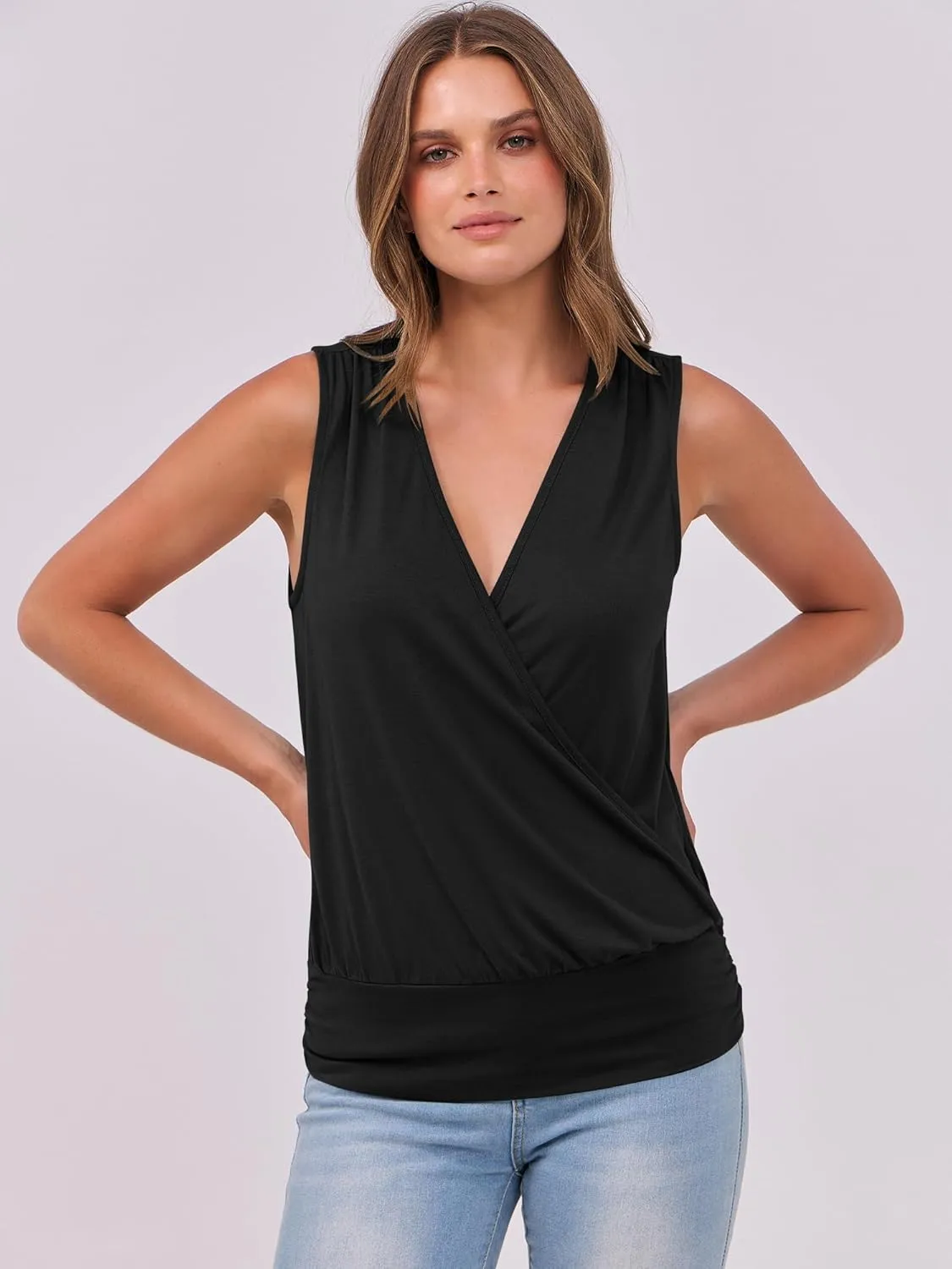 ANRABESS Womens V Neck Tank Tops Wrap Banded Hem Shirts Sleeveless Ruched Going Out Blouse 2025 Summer Fashion Clothing