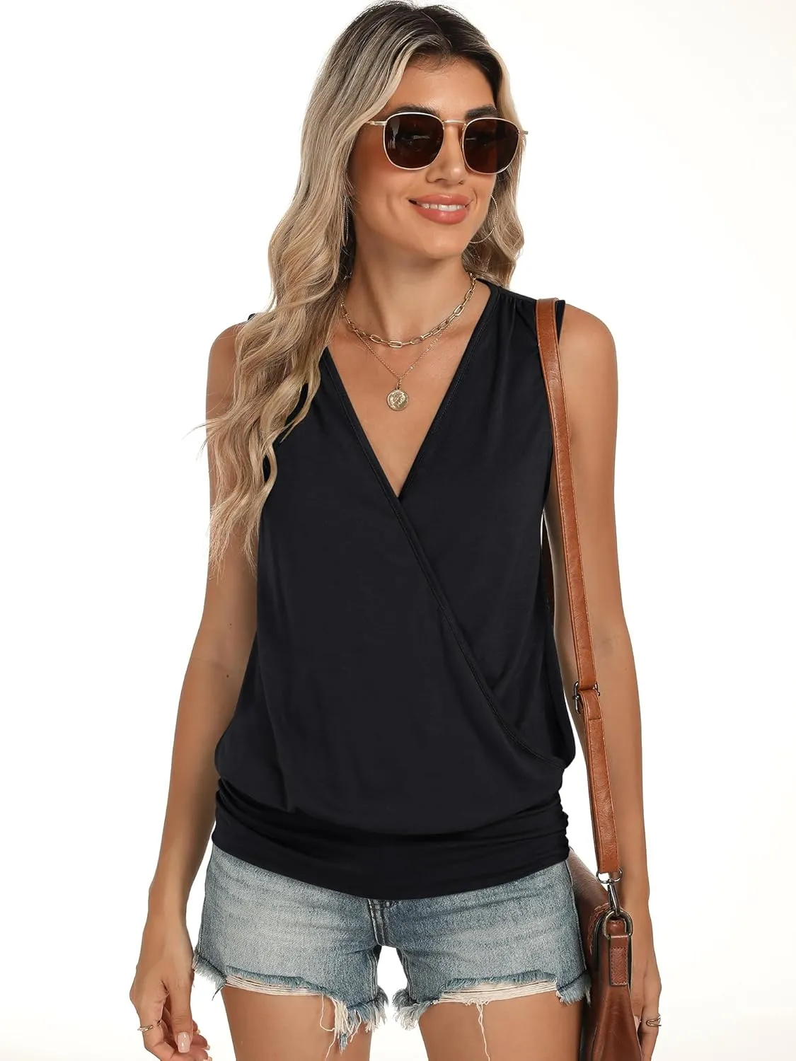 ANRABESS Womens V Neck Tank Tops Wrap Banded Hem Shirts Sleeveless Ruched Going Out Blouse 2025 Summer Fashion Clothing