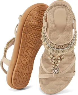 Aomigoct Womens Sandals Flats Shoes: Dressy Summer Flat Sandals for Women Open Toe - Bohemian Casual Beach Shoes Elastic Ankle Strap