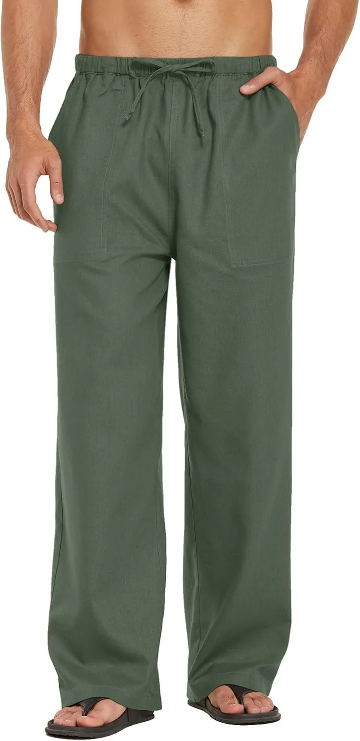 COOFANDY Mens Casual Linen Pants Elastic Waist Linen Pants Drawstring Summer Beach Yoga Linen Trouser