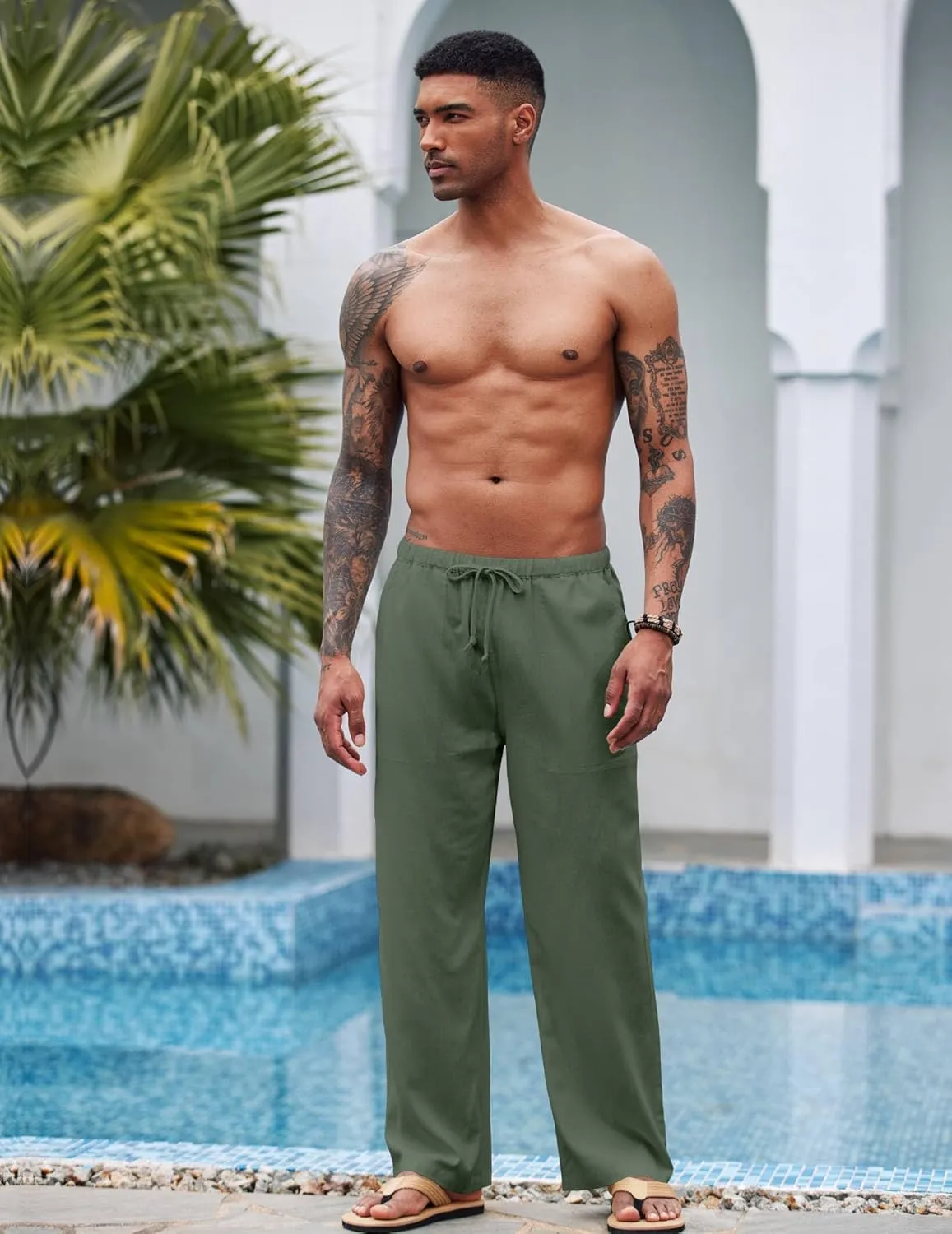 COOFANDY Mens Casual Linen Pants Elastic Waist Linen Pants Drawstring Summer Beach Yoga Linen Trouser