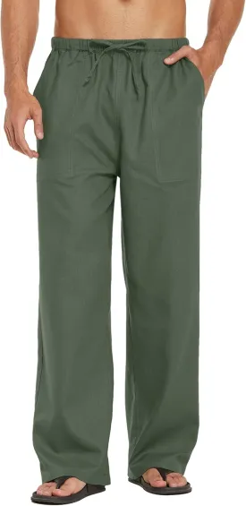 COOFANDY Mens Casual Linen Pants Elastic Waist Linen Pants Drawstring Summer Beach Yoga Linen Trouser