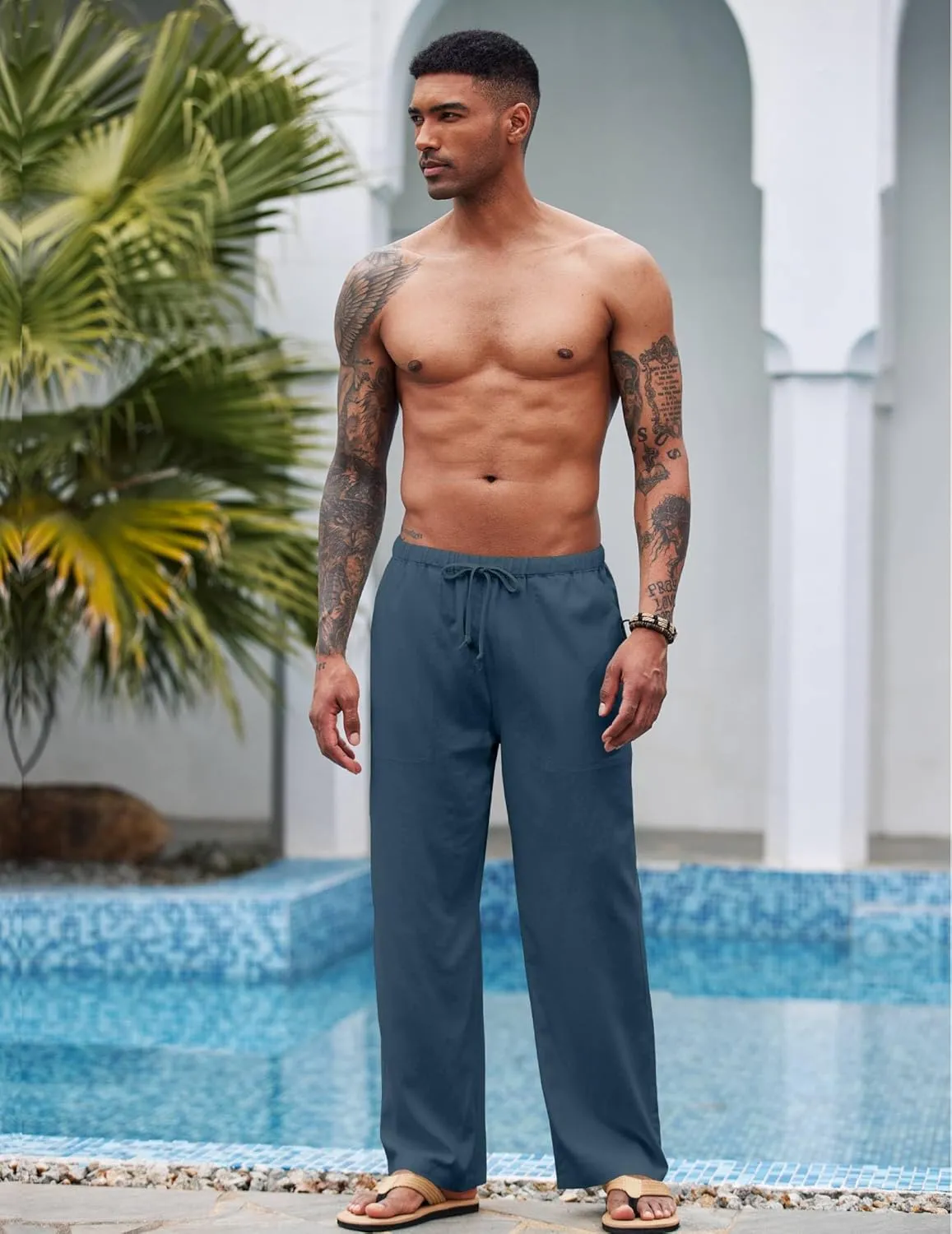 COOFANDY Mens Casual Linen Pants Elastic Waist Linen Pants Drawstring Summer Beach Yoga Linen Trouser