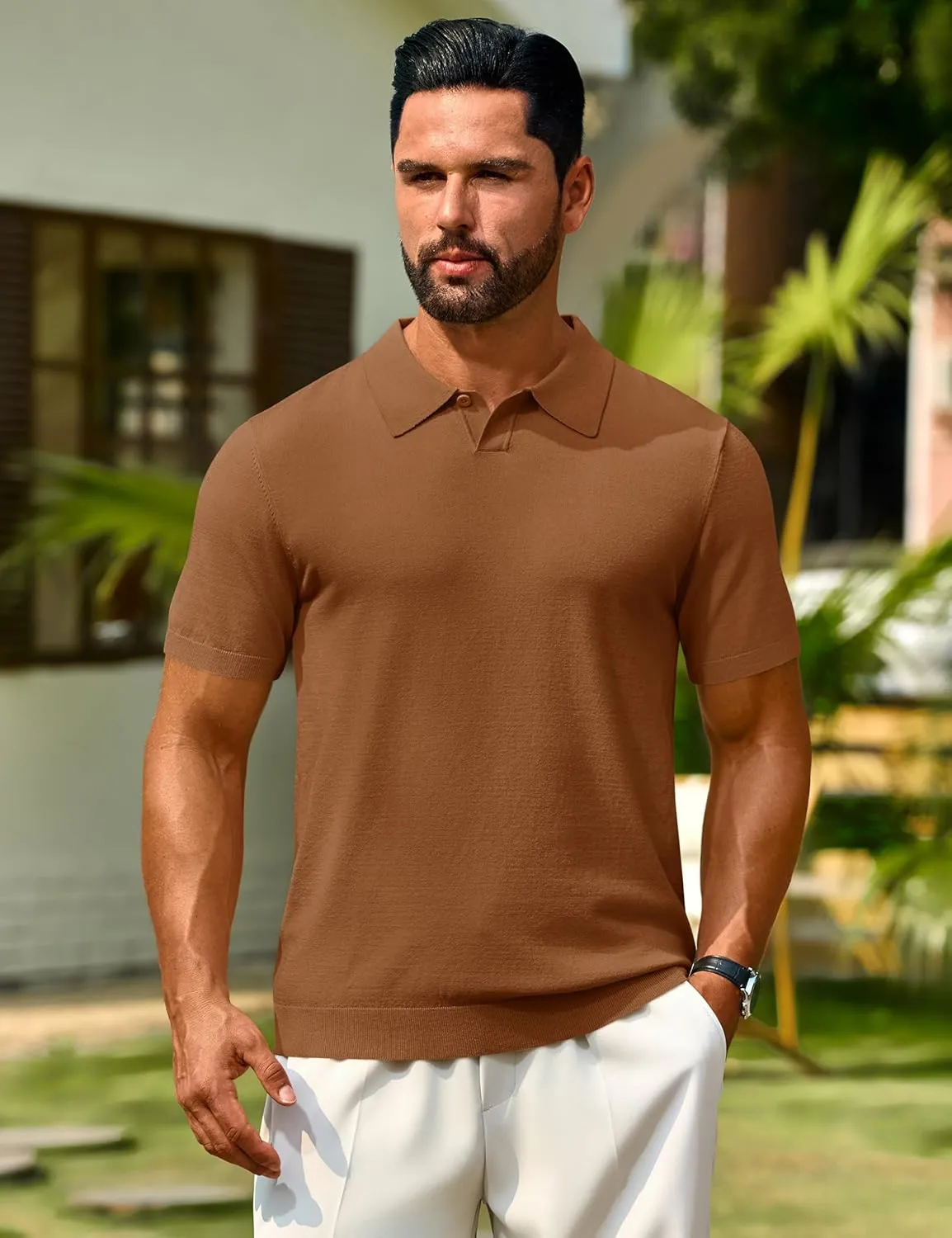 Cotrasen Mens Knit Polo Shirts V Neck Short Sleeve Stretch Collared Knitted Polo T Shirt Casual Summer