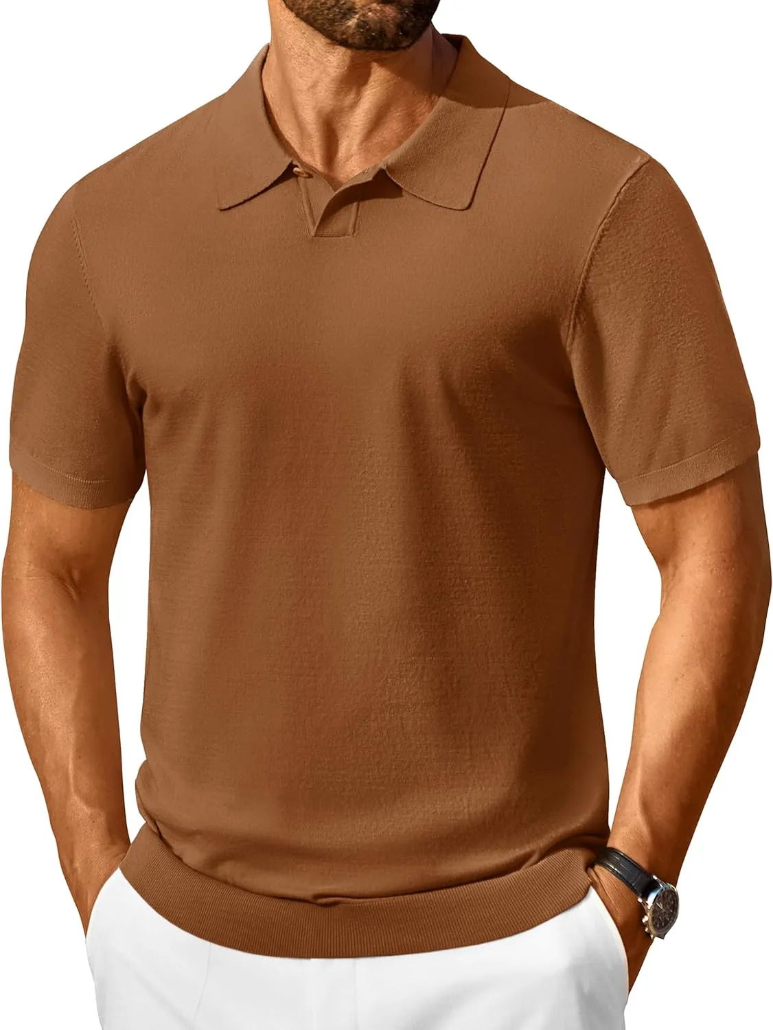 Cotrasen Mens Knit Polo Shirts V Neck Short Sleeve Stretch Collared Knitted Polo T Shirt Casual Summer