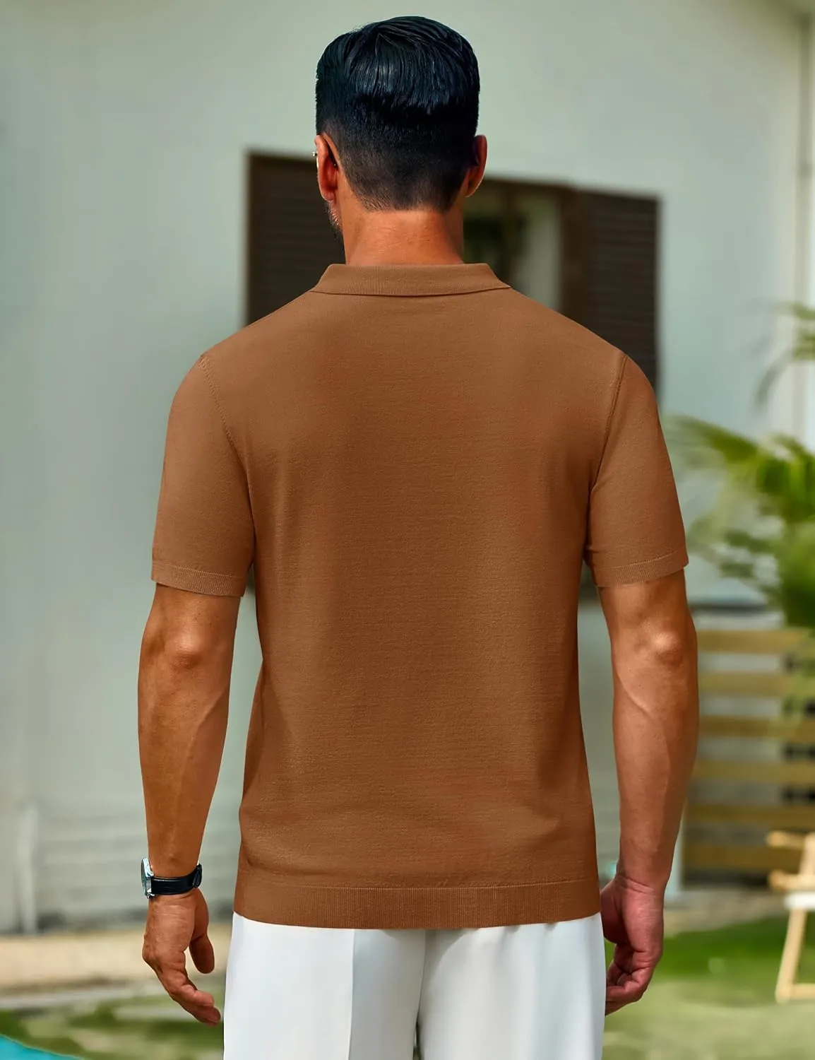 Cotrasen Mens Knit Polo Shirts V Neck Short Sleeve Stretch Collared Knitted Polo T Shirt Casual Summer