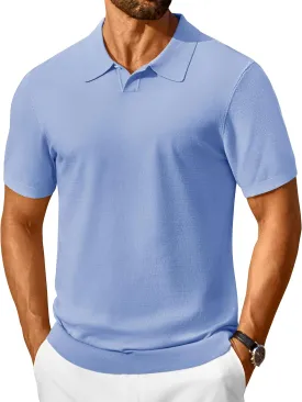 Cotrasen Mens Knit Polo Shirts V Neck Short Sleeve Stretch Collared Knitted Polo T Shirt Casual Summer