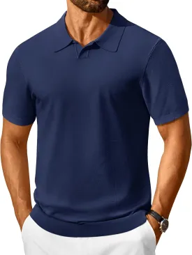 Cotrasen Mens Knit Polo Shirts V Neck Short Sleeve Stretch Collared Knitted Polo T Shirt Casual Summer