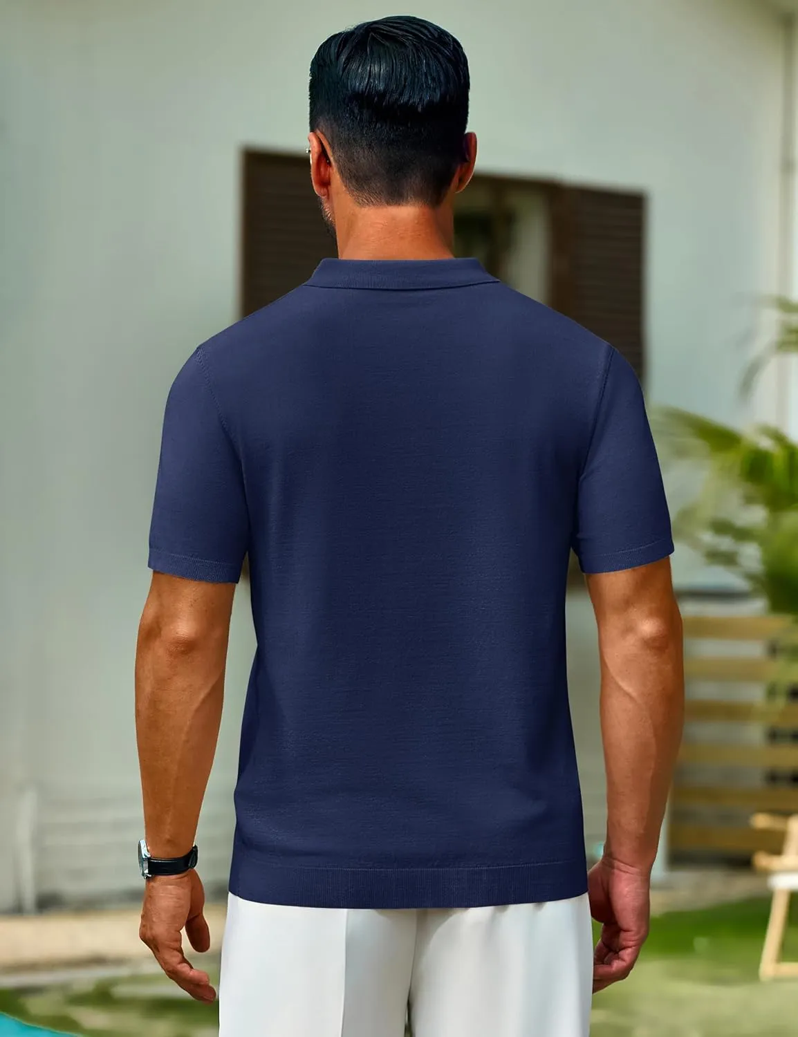Cotrasen Mens Knit Polo Shirts V Neck Short Sleeve Stretch Collared Knitted Polo T Shirt Casual Summer