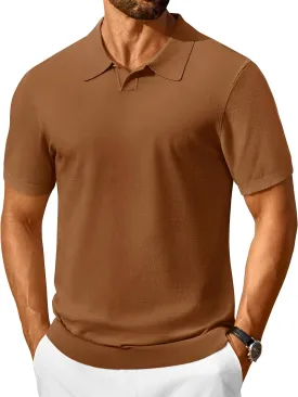Cotrasen Mens Knit Polo Shirts V Neck Short Sleeve Stretch Collared Knitted Polo T Shirt Casual Summer