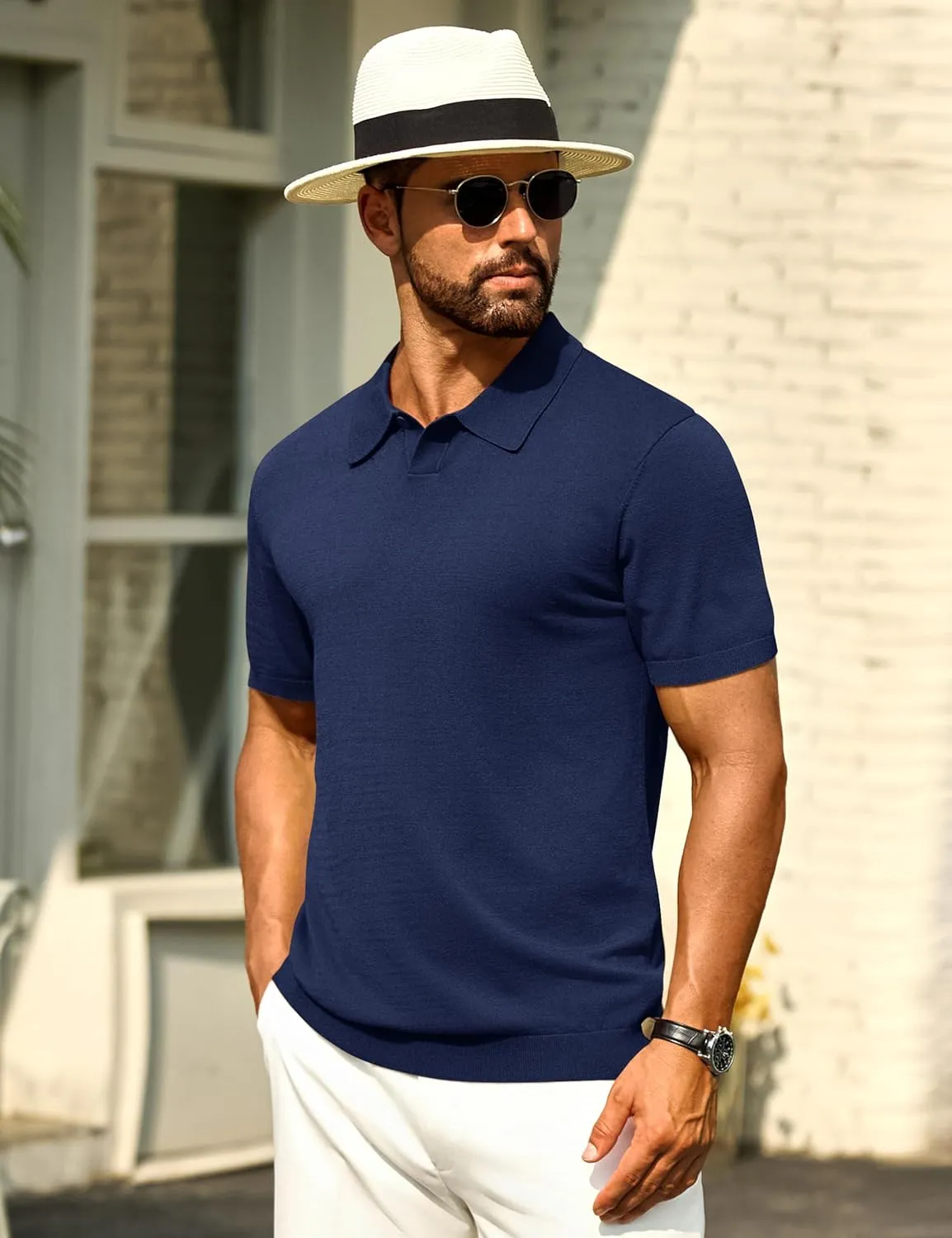 Cotrasen Mens Knit Polo Shirts V Neck Short Sleeve Stretch Collared Knitted Polo T Shirt Casual Summer