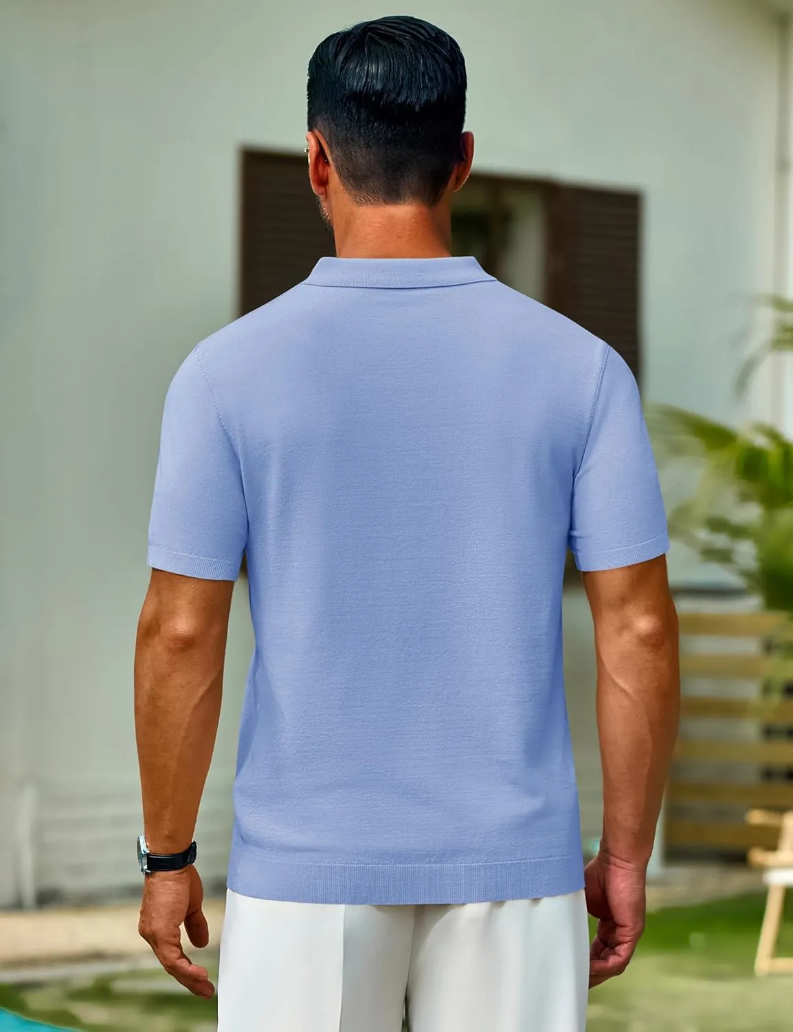 Cotrasen Mens Knit Polo Shirts V Neck Short Sleeve Stretch Collared Knitted Polo T Shirt Casual Summer