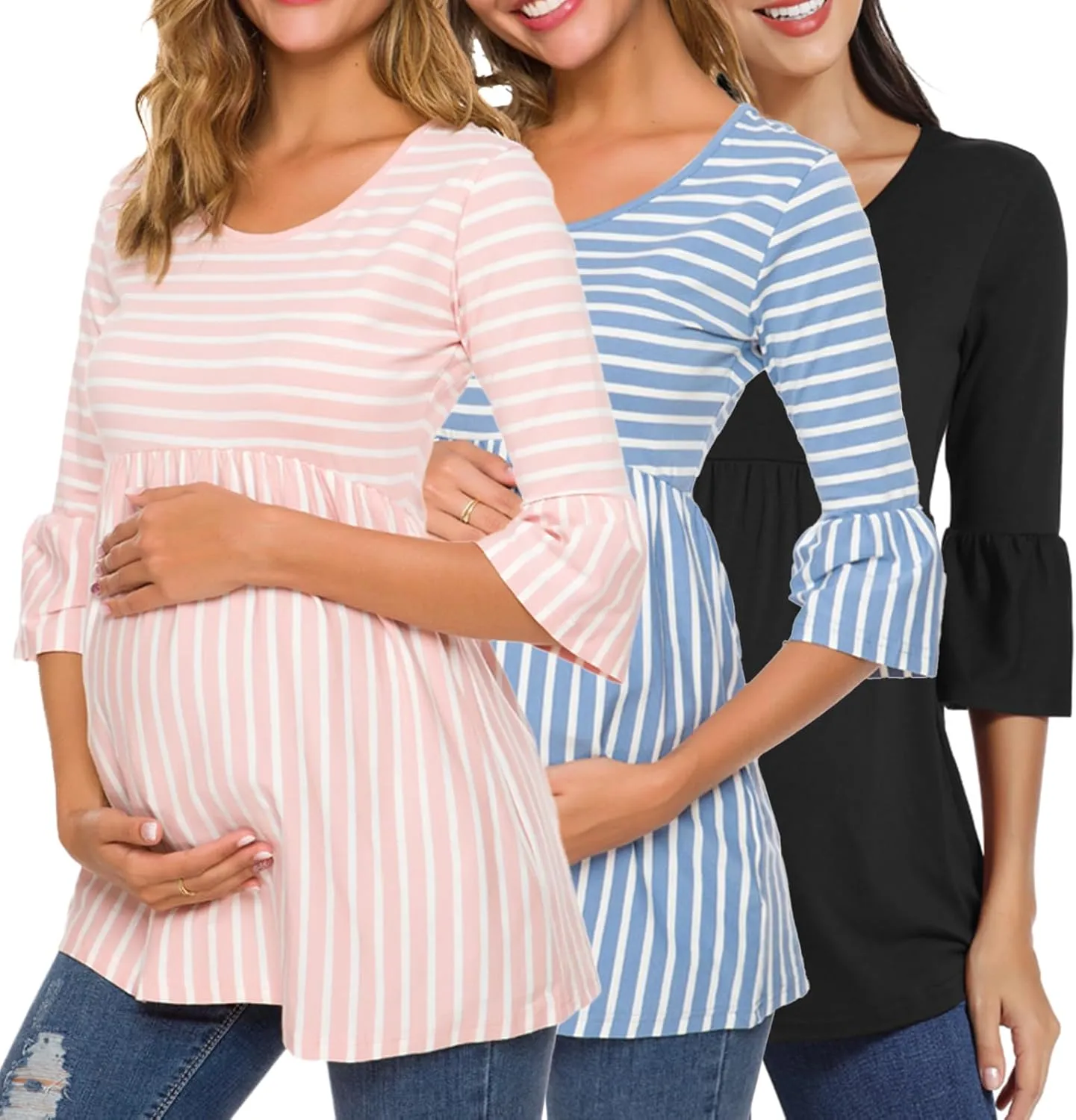 Ecavus Womens Casual Maternity Tops Striped Peplum 3/4 Ruffle Sleeve Shirt Ultra Soft Pregnancy Clothing