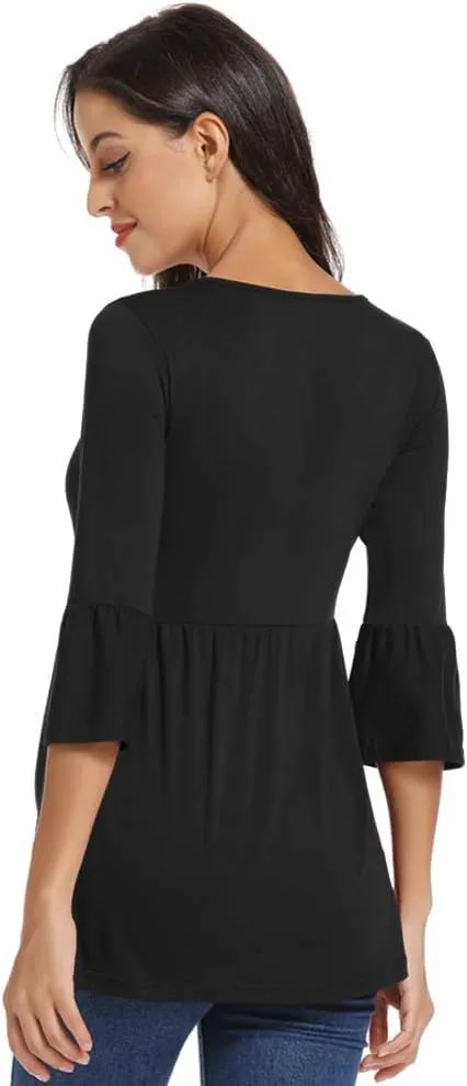 Ecavus Womens Casual Maternity Tops Striped Peplum 3/4 Ruffle Sleeve Shirt Ultra Soft Pregnancy Clothing