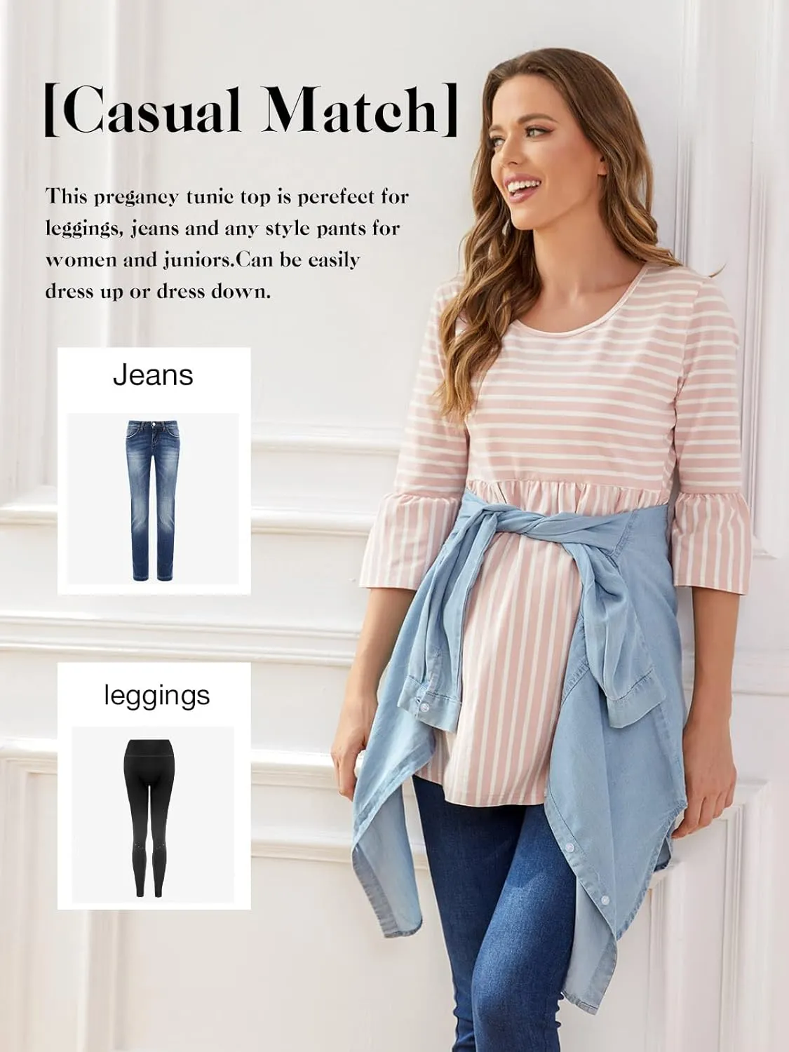 Ecavus Womens Casual Maternity Tops Striped Peplum 3/4 Ruffle Sleeve Shirt Ultra Soft Pregnancy Clothing