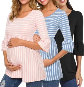 Ecavus Womens Casual Maternity Tops Striped Peplum 3/4 Ruffle Sleeve Shirt Ultra Soft Pregnancy Clothing