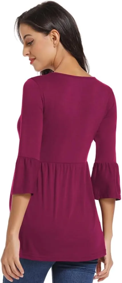 Ecavus Womens Casual Maternity Tops Striped Peplum 3/4 Ruffle Sleeve Shirt Ultra Soft Pregnancy Clothing