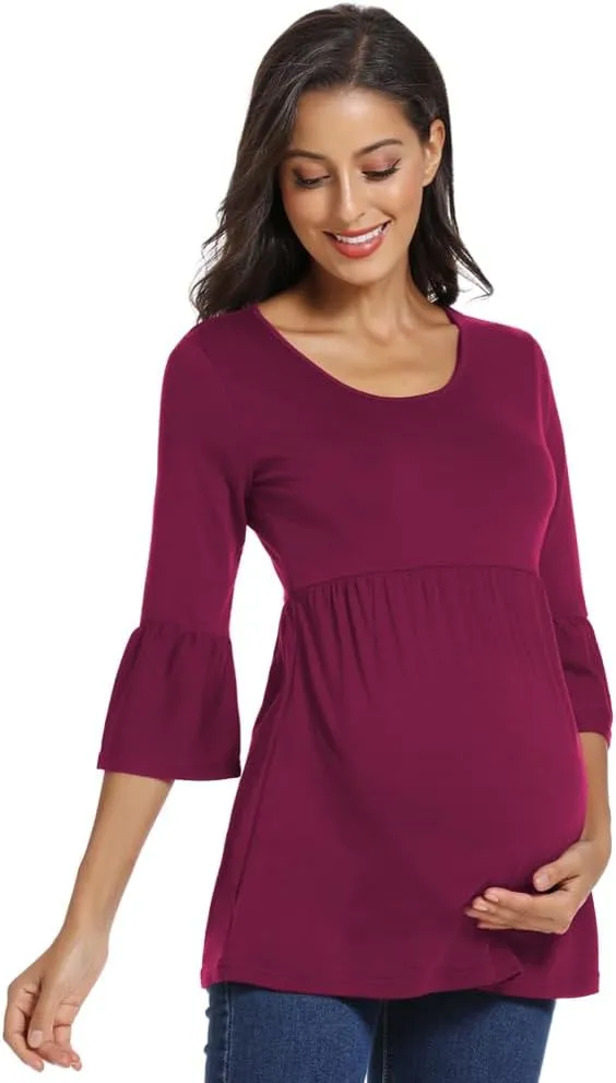 Ecavus Womens Casual Maternity Tops Striped Peplum 3/4 Ruffle Sleeve Shirt Ultra Soft Pregnancy Clothing