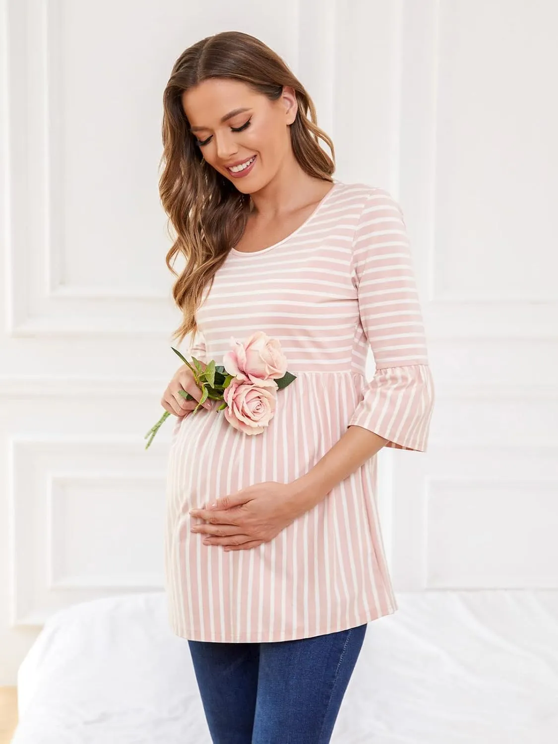 Ecavus Womens Casual Maternity Tops Striped Peplum 3/4 Ruffle Sleeve Shirt Ultra Soft Pregnancy Clothing