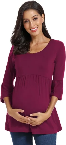 Ecavus Womens Casual Maternity Tops Striped Peplum 3/4 Ruffle Sleeve Shirt Ultra Soft Pregnancy Clothing