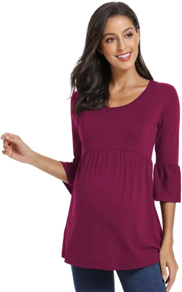 Ecavus Womens Casual Maternity Tops Striped Peplum 3/4 Ruffle Sleeve Shirt Ultra Soft Pregnancy Clothing