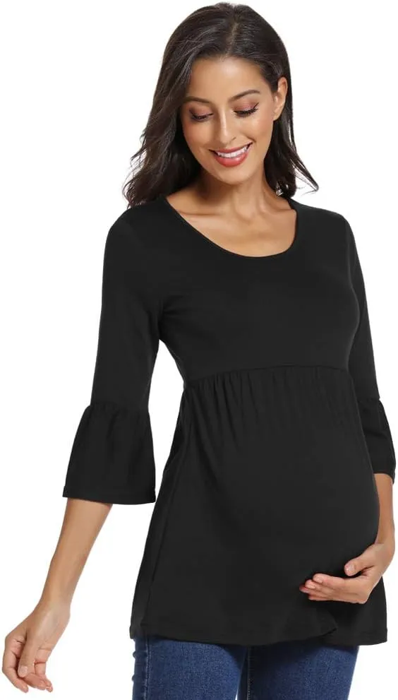Ecavus Womens Casual Maternity Tops Striped Peplum 3/4 Ruffle Sleeve Shirt Ultra Soft Pregnancy Clothing