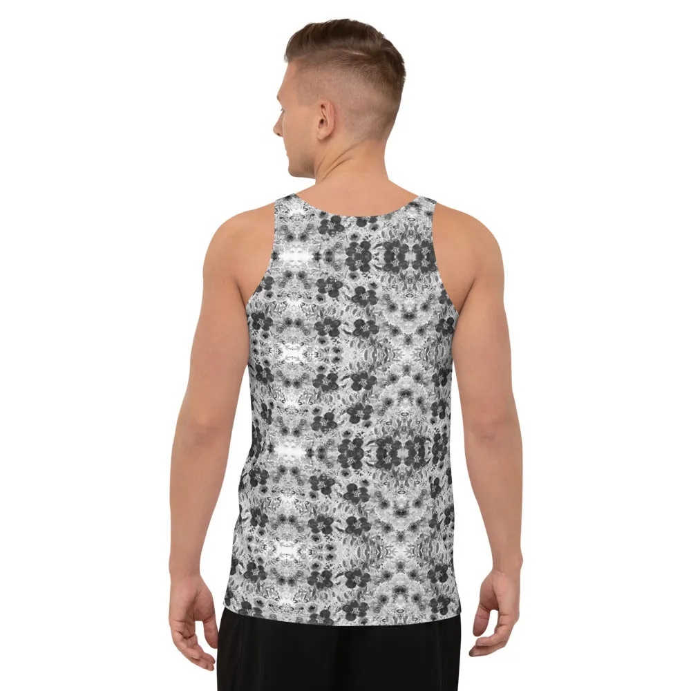 Grey Floral Unisex Tank Top, Grey Flower Print Men's or Women's Tanks-Made in USA/EU