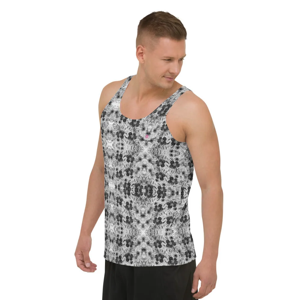 Grey Floral Unisex Tank Top, Grey Flower Print Men's or Women's Tanks-Made in USA/EU
