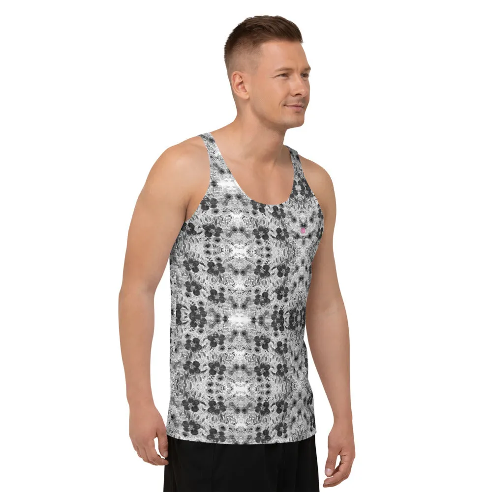 Grey Floral Unisex Tank Top, Grey Flower Print Men's or Women's Tanks-Made in USA/EU