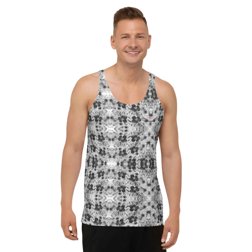 Grey Floral Unisex Tank Top, Grey Flower Print Men's or Women's Tanks-Made in USA/EU