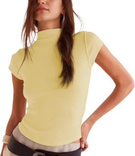 Hixiaohe Womens T-Shirt Cap Sleeve Top Casual Mock Neck Shirts Summer Tops Slim Fit Tees Y2k Clothing Trendy Fashion Outfits