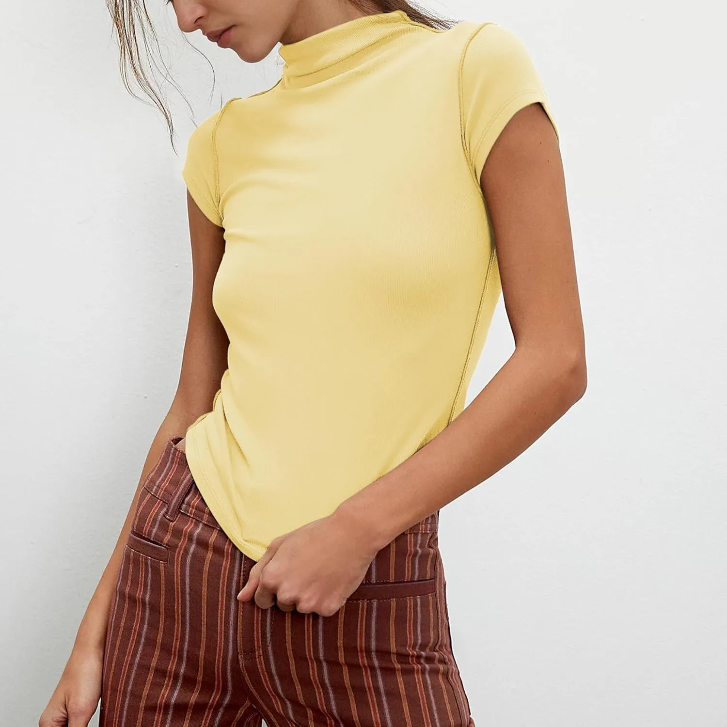 Hixiaohe Womens T-Shirt Cap Sleeve Top Casual Mock Neck Shirts Summer Tops Slim Fit Tees Y2k Clothing Trendy Fashion Outfits