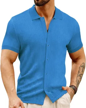 LOGEEYAR Men's Slim Fit Polo Shirts Short Sleeve Breathable Button Down Golf Shirts Ribbed Knit Soft Cotton Tops