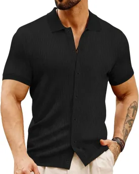 LOGEEYAR Men's Slim Fit Polo Shirts Short Sleeve Breathable Button Down Golf Shirts Ribbed Knit Soft Cotton Tops