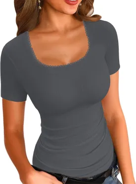 LOLONG Womens Short Sleeve Ribbed T Shirts Summer Casual Square Neck Lace Patchwork Tops